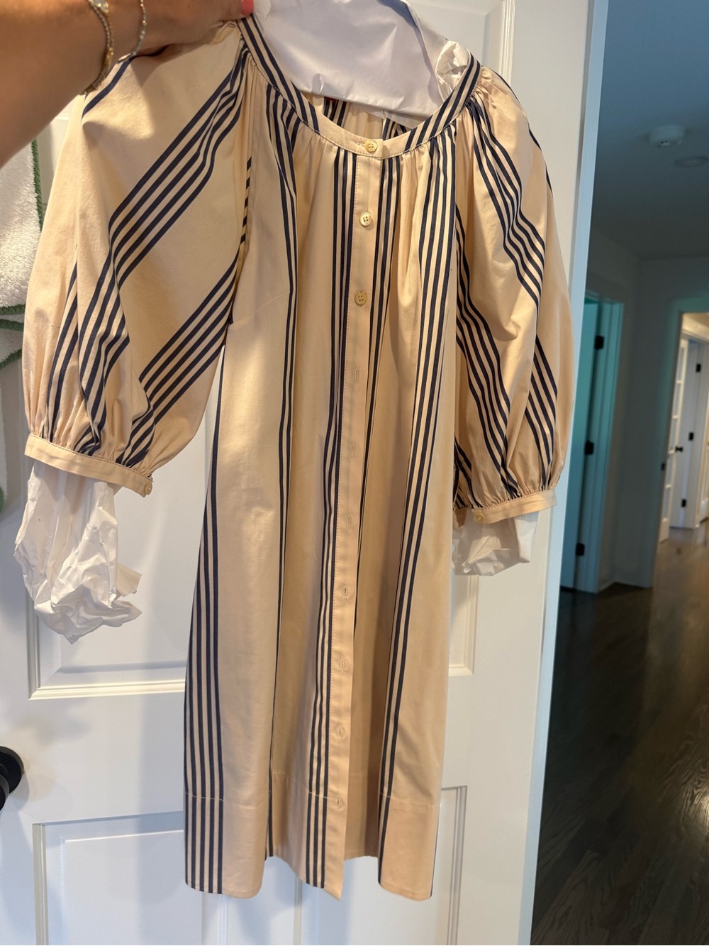 STAUD Cream Mini Dress with Navy Stripes